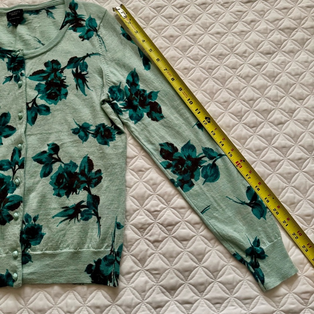 Talbots Pure Italian Merino Wool Button Down Cardigan Mint Teal Floral Size S - Picture 15 of 15